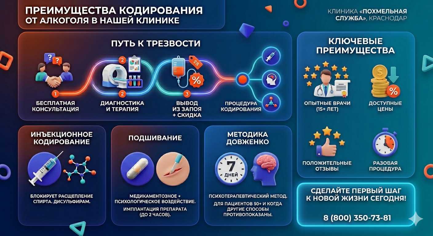 Инфографика о методах кодирования от алкоголя в Тульском: инъекции, подшивание, метод Довженко. Преимущества клиники и этапы лечения.